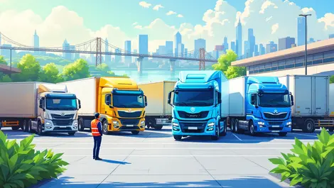 Diverse fleet trucks delivery vans alternative energy electricity hydrogen urban environmental awareness caucasian operators port depot