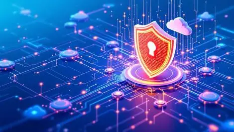 Digital shield protecting network interconnected nodes cybersecurity ai risk management vivid colors