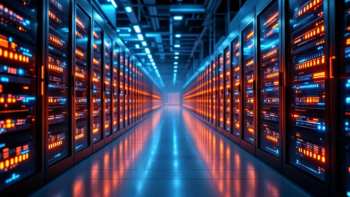 Modern data center sleek server racks glowing network lines advanced ai warehouse
