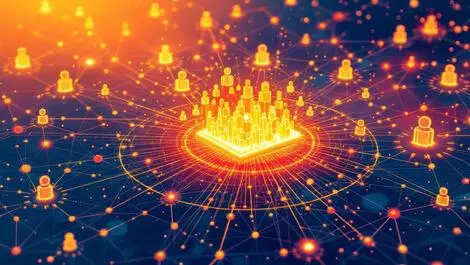 Abstract digital illustration network nodes lines internet traffic commerce attacks bots cybersecurity threats