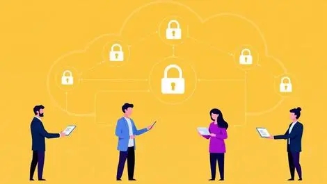 Cloud secure digital padlock icons business professionals exchanging credentials india