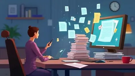 Computer analyzing stack of paperwork documents digital files australian office