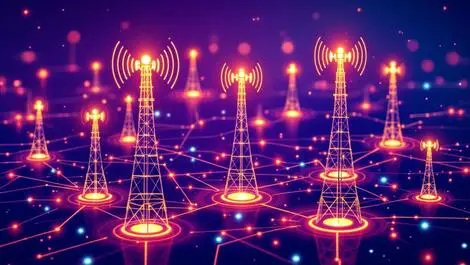 Interconnected radio towers glowing lines data flow ai telecom networks