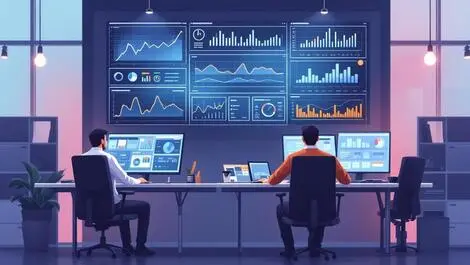 Modern office engineers computers digital data graphs dashboards tech