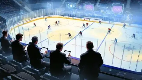Realistic ice hockey game action players skating coaches analyzing data north american arena