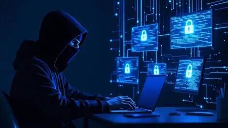 Realistic masked hacker laptop dark room digital data flows ransomware ai