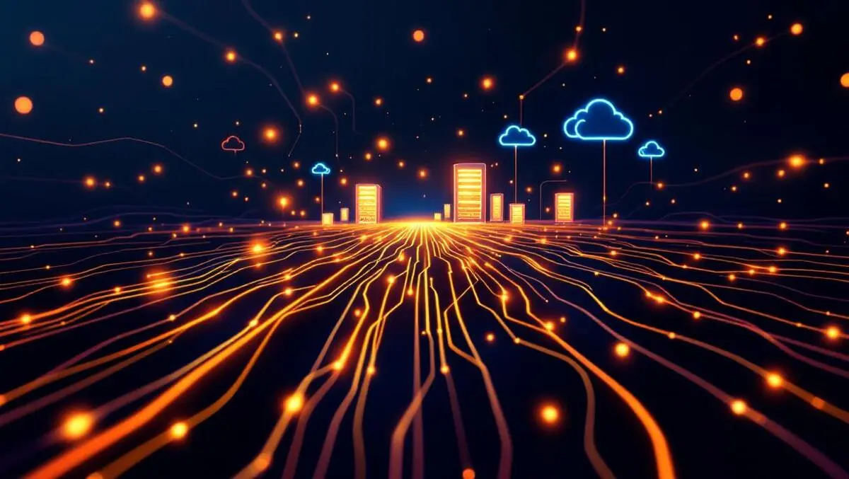 Glowing fiber optic cables spreading dark background connectivity growth