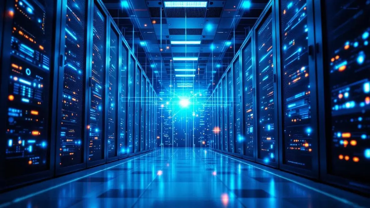 Realistic photo large advanced data storage server room modern tech