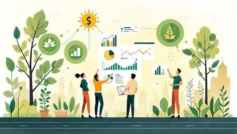 Business people analyzing charts environment cityscape green leaves carbon emission stats