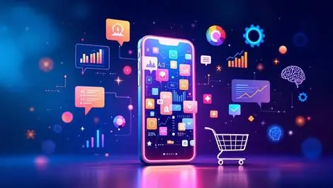 Digital illustration smartphone shopping icons data charts ai brain ecommerce