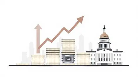 Coin chip stacks merging growth arrows government building policy support