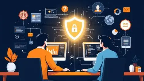 Developers collaborating on software security fixing vulnerabilities digital shield icons