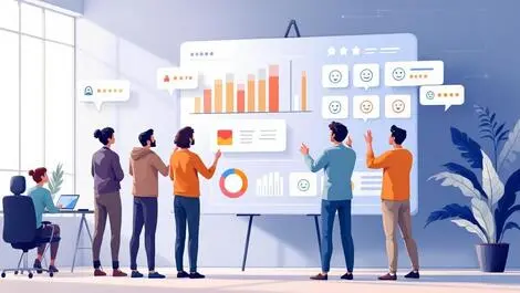 Team product designers analyzing digital dashboard charts user feedback