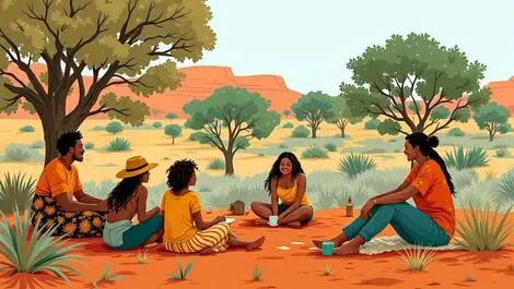 Australian indigenous community outdoor supportive group activity eucalyptus trees red earth