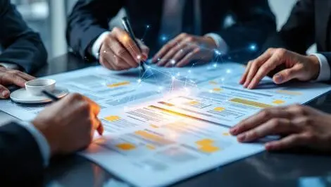 Business professionals reviewing legal contracts with ai digital network overlay