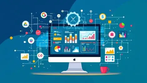 Computer screen colorful graphs charts abstract networks data nodes digital commerce