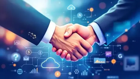 Business professionals shaking hands cloud icons financial symbols collaboration