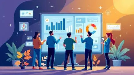 Professionals collaborating digital dashboard charts ai teamwork technology