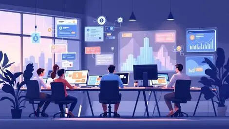 Modern office software engineers collaborating digital payment icons