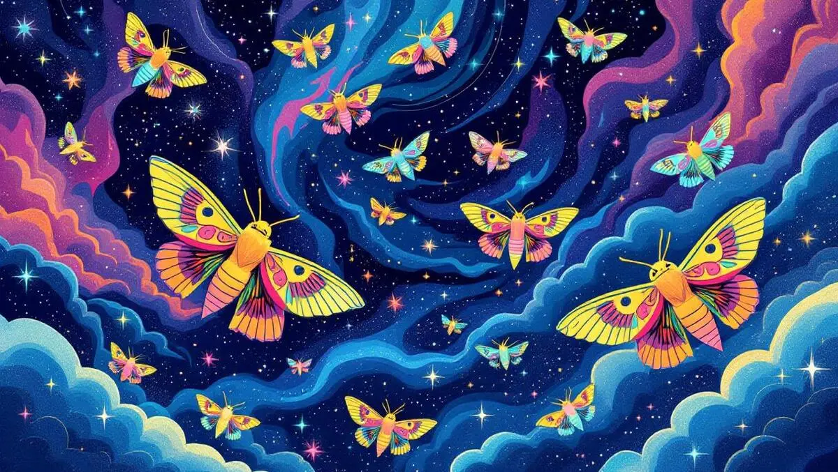Colorful moths flying cosmic space quantum computing illustration