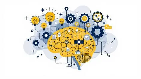 Human brain gears lightbulbs science marketing strategy fusion illustration