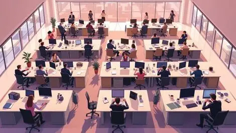 Open plan american office fewer managers employees uncertain communication empty desks