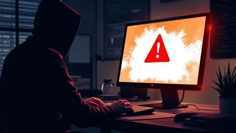 Realistic computer screen red warning symbol shadowy figure typing