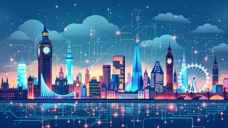 Vibrant london cityscape with technology symbols and uk landmarks tech growth
