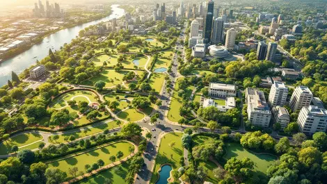 Aerial view australian cityscape green parks tree lined streets native vegetation