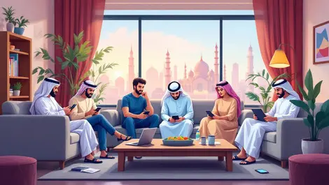 Modern uae living room middle eastern people using smartphones laptops tablets