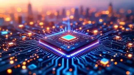 Microchip glowing circuit american french skylines tech growth international expansion ai