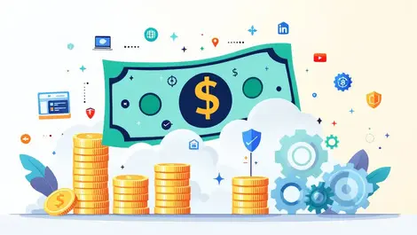 Dollar bill transforming into coins and tech service icons vector illustration