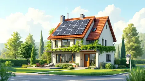 Realistic modern european home solar panels greenery near traditional bank