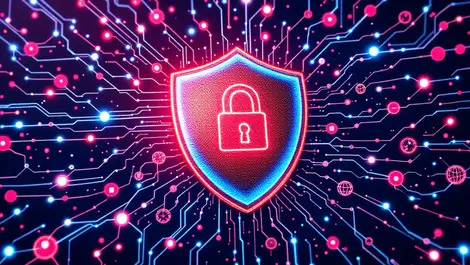 Computer shield lock surrounded by digital network nodes with threats