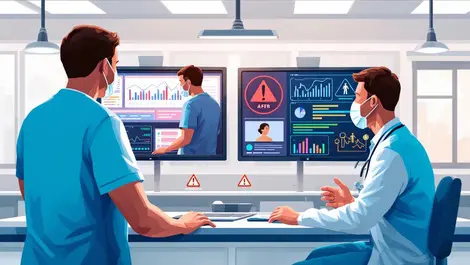 Hospital doctors consulting digital patient data with warning alerts