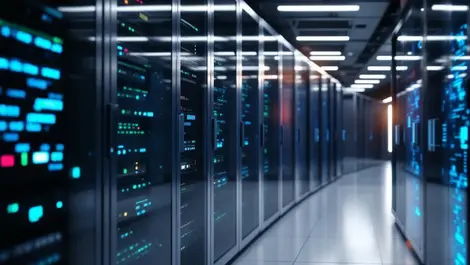 Photorealistic modern data center sleek servers storage arrays efficiency