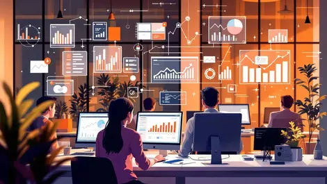 Modern office employees working computers digital charts data analysis