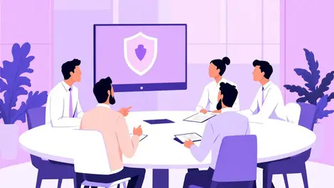 Business meeting executives discussing shield cyber protection teamwork