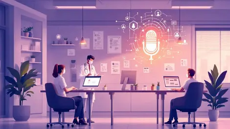 Hospital office doctors nurses ai assistance glowing microphone icon