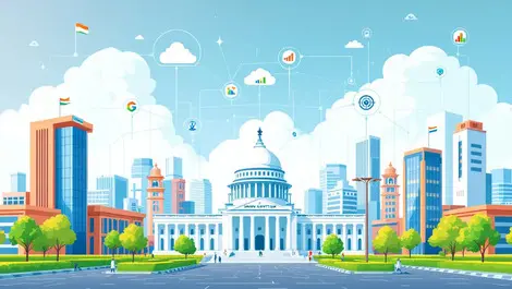 Modern indian government buildings digital lines technology icons cloud blockchain analytics public sector transformation