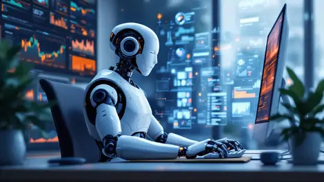 Realistic humanoid robot working desktop computer digital data ai office