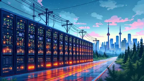 Large data center with rows of servers power lines canadian landscape toronto skyline