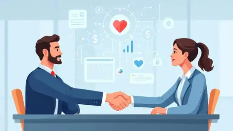 Businesspeople shaking hands finance healthcare icons secure high tech office