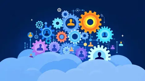 Cloud gears human silhouettes digital connections automated hiring tech