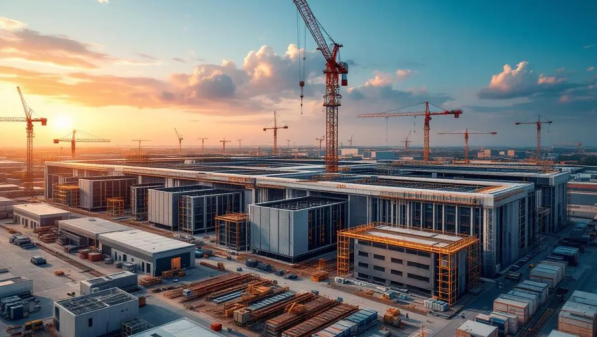 Large modern data center under construction cranes equipment server infrastructure