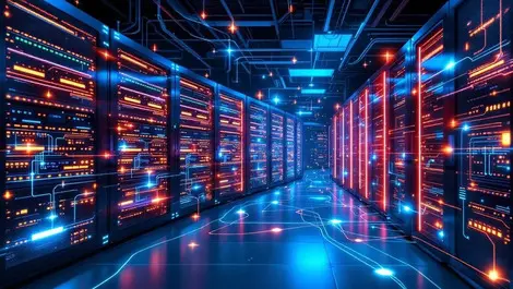 Realistic modern server room illuminated data racks cables network connections data streams