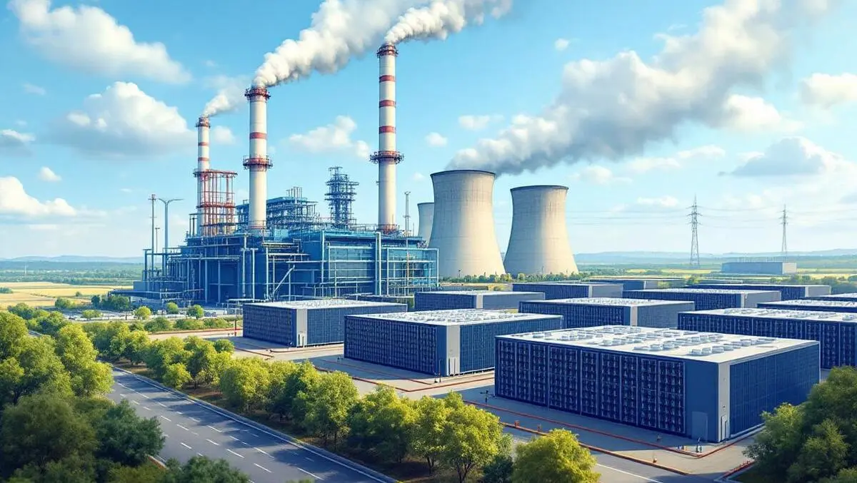 Realistic large gas fired power plant adjacent to massive data center