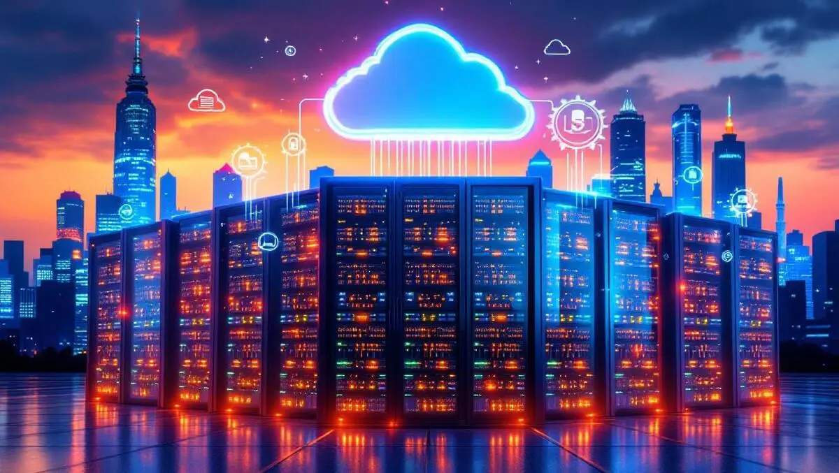 Realistic data center glowing server racks network cables cloud icons us cityscape