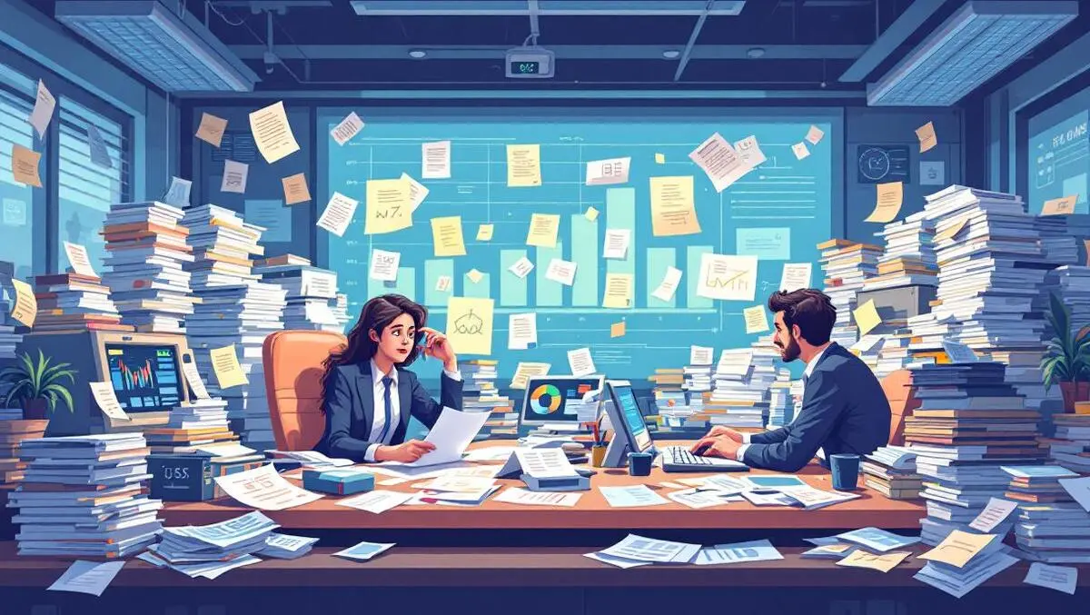 Finance office messy paper records digital data streams confused professionals
