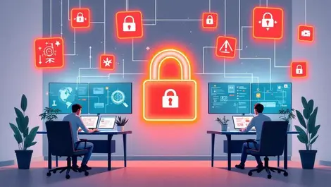 Uk small office people working computers red warning icons digital locks cyber threats